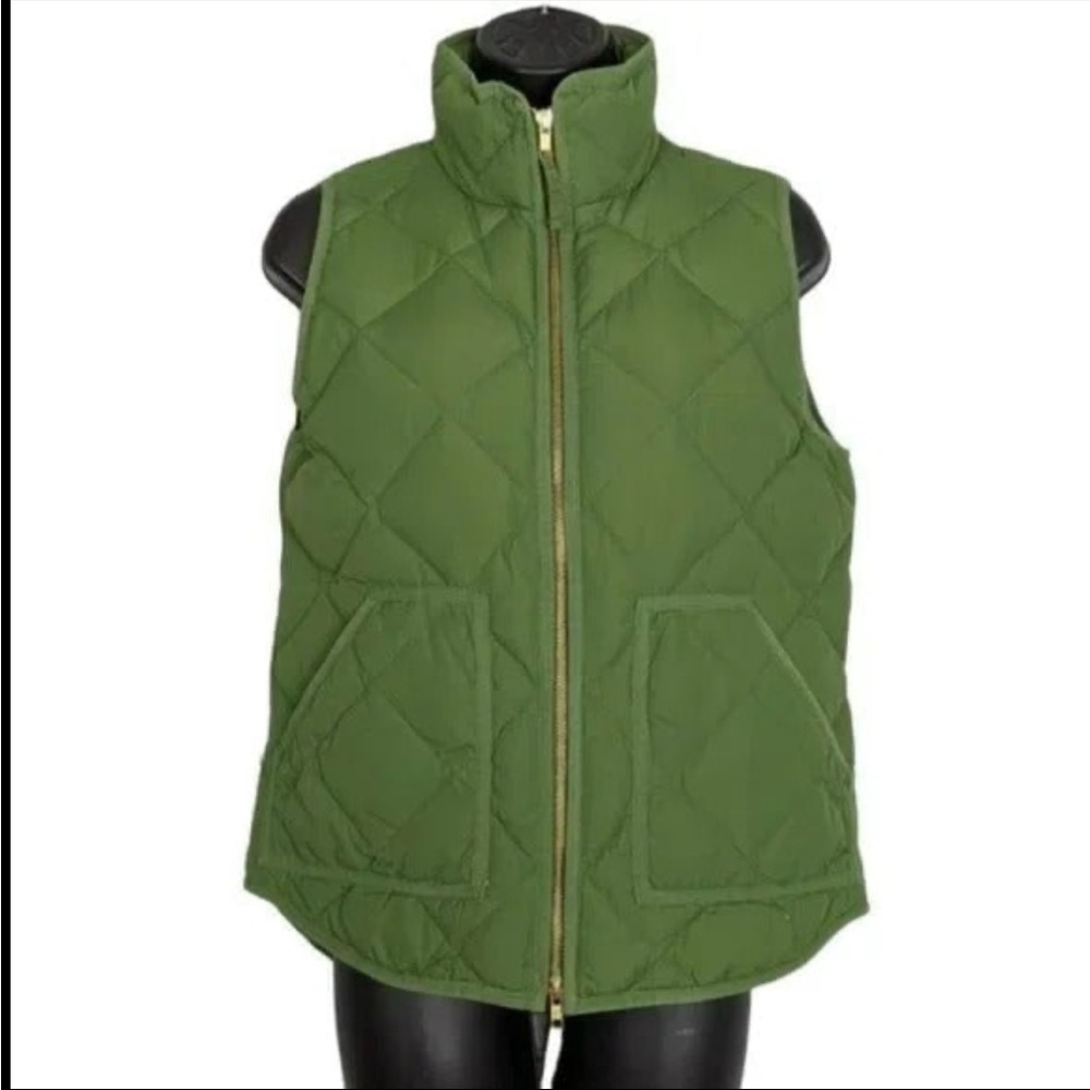 J Crew Factory Down Feather Puffer Vest XS Olive Green Gold Zipper Front Pockets